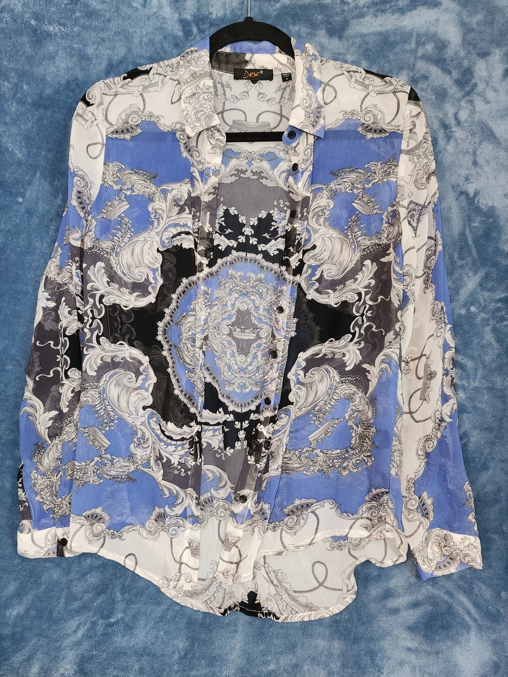 Dex Blue, Black & White Baroque-Print Button-Down Shirt